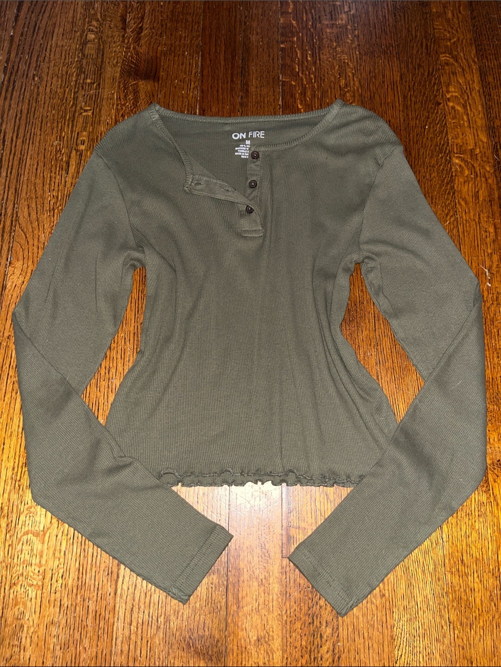 On Fire | Olive Green Ribbed Henley Long Sleeve Top